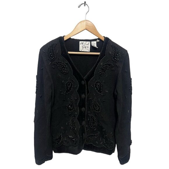 Michael Simon Beaded Cardigan Sweater Black Paisley Size M New With Tags - Picture 1 of 7